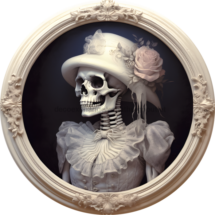 Halloween Door Hanger, 3D Skeleton Bride, DECOE-4635, Sign For Wreath, 18" Wood Round - DecoExchange®