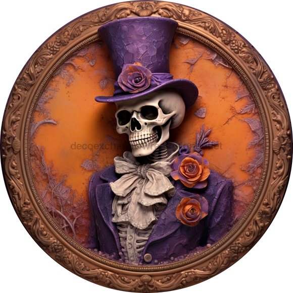 Halloween Sign 3D Skeleton Decoe-4605 Wreath 12 Metal Round