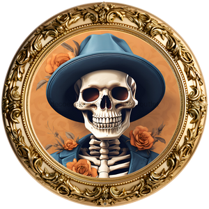 Halloween Sign, 3D Skeleton Sign, DECOE-4653, Sign For Wreath, 10" Round Metal Sign - DecoExchange®