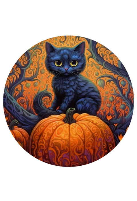 Halloween Sign Cat Decoe-4617 Door Hanger 18 Wood Round