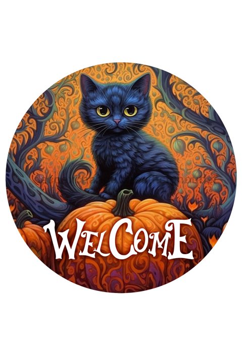 Halloween Sign Cat Decoe-4618 Wreath 12 Metal Round