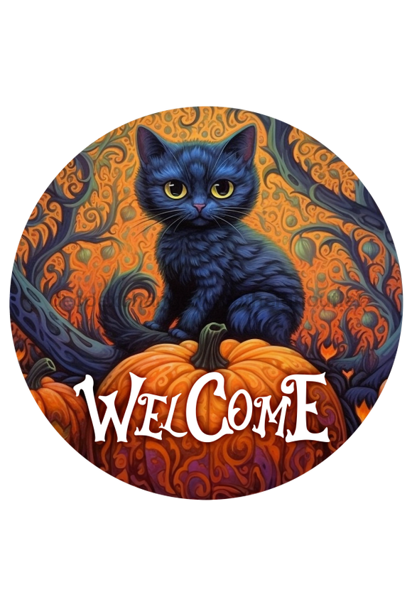 Halloween Sign Cat Decoe-4618 Wreath 8 Metal Round