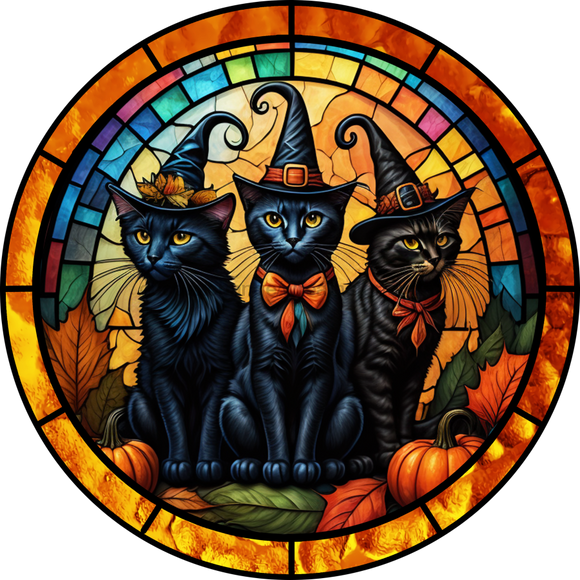 Halloween Sign Cat Stained Glass Decoe-4600 For Wreath 10 Round Metal