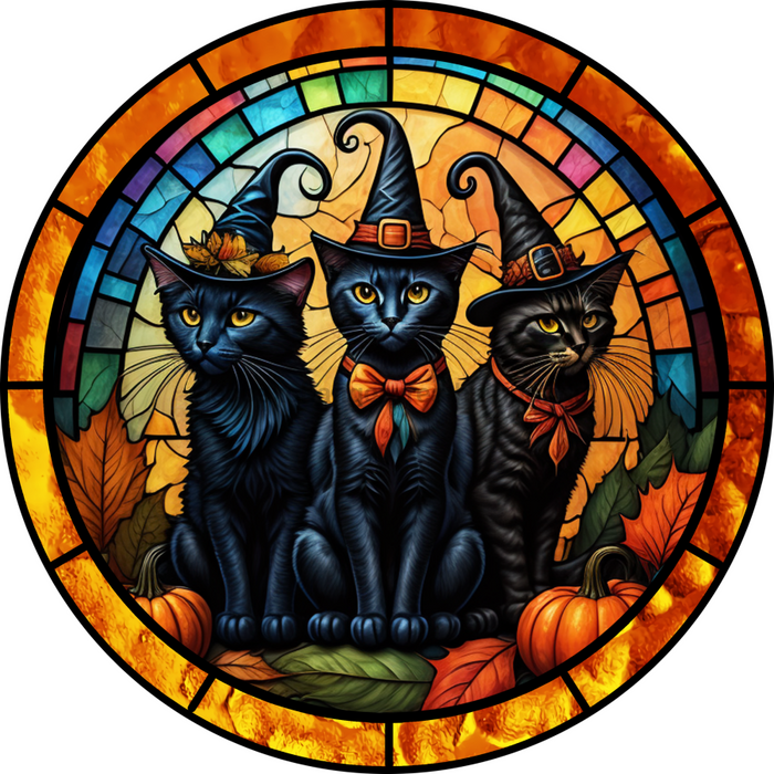 Halloween Sign Cat Stained Glass Decoe-4600 Wreath 12 Metal Round