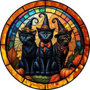 Halloween Sign Cat Stained Glass Decoe-4600 Wreath 8 Metal Round