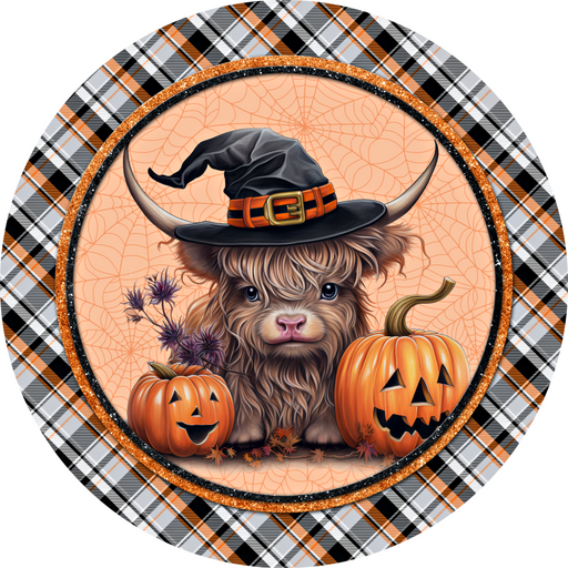 Halloween Sign Highland Cow Cute Decoe-4614 Door Hanger 18 Wood Round