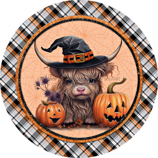 Halloween Sign Highland Cow Cute Decoe-4614 Wreath 12 Metal Round