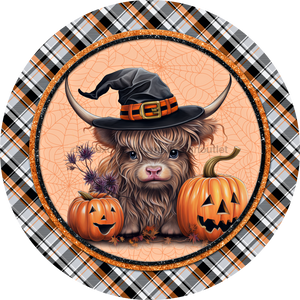 Halloween Sign Highland Cow Cute Decoe-4614 Wreath 8 Metal Round