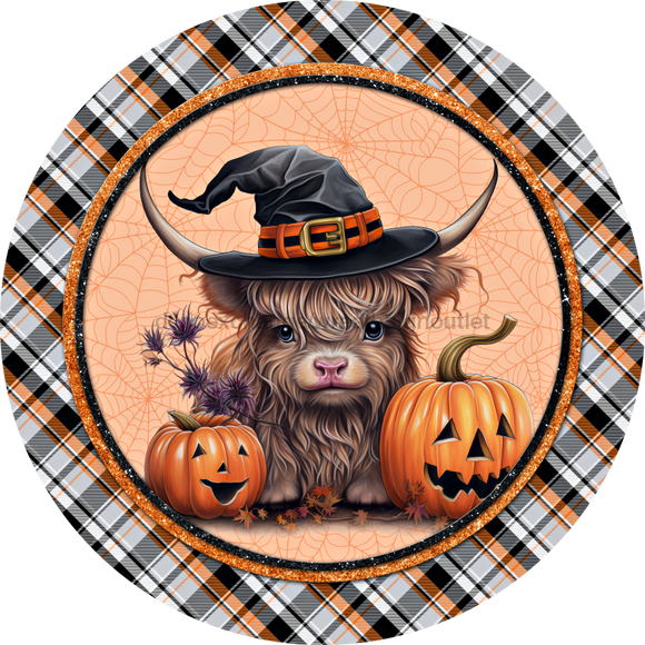 Halloween Sign Highland Cow Cute Decoe-4614 Wreath 8 Metal Round