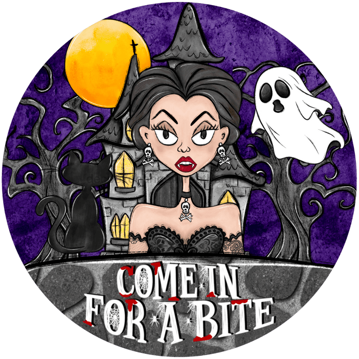 Halloween Sign Witch Come In For A Bite Decoe-4666 Wreath 10 Round Metal