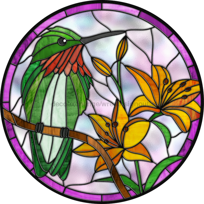Hummingbird Floral Sign Stained Glass Decoe-4051-A Wreath 12 Metal Round