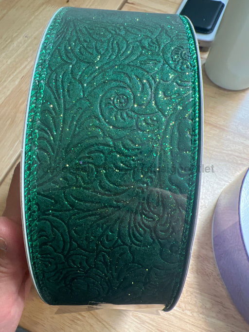 Hunter Glittered Flwr Embossed 2.5’’X50Y 72433-40-07C Ribbon