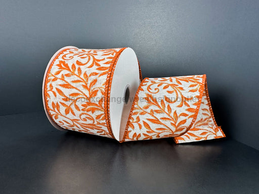 Ivory Linen/Rust-Orange-Gold Glitter Foliage Swirls 2.5’’X10Y 61524-40-19 Ribbon