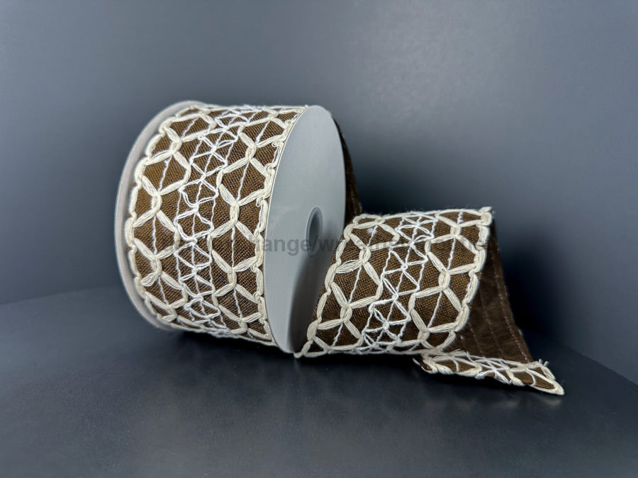 Ivory Scallop Burlap/Brown Linen 2.5’’X10Y 61520-40-38 Ribbon