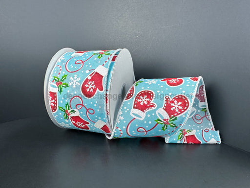 Light Blue Satin/Red Snowflake Mittens 2.5’’X10Y 72505-40-45 Ribbon