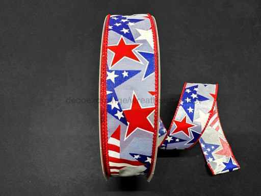 Light Blue Satin With Striped Red White And Stars Ribbon 1.5 Inches X 50 Yards 841-09-406