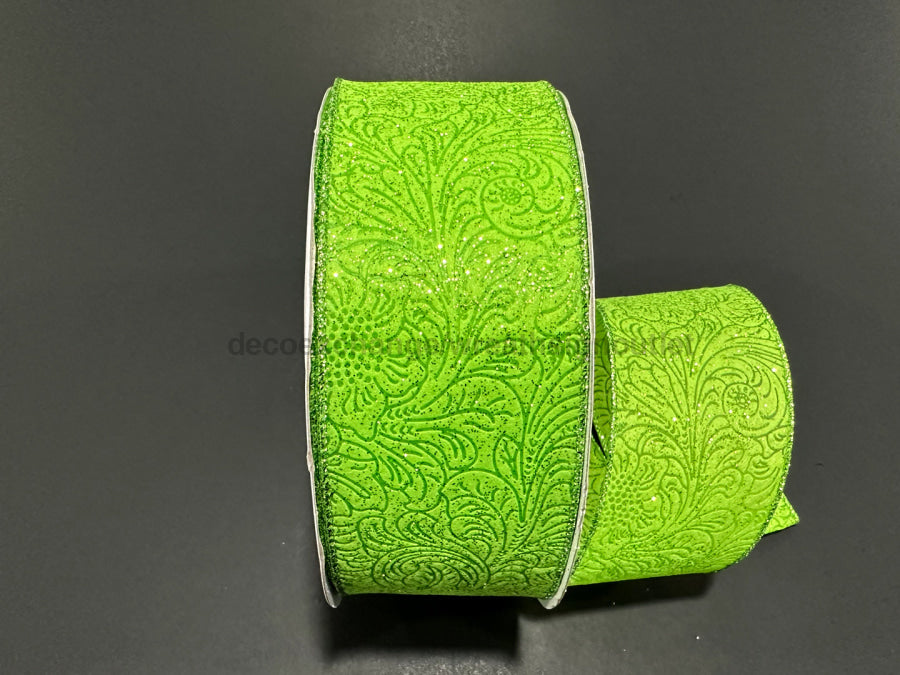 Lime Glittered Flwr Embossed 2.5’’X50Y 871-40-439 Ribbon