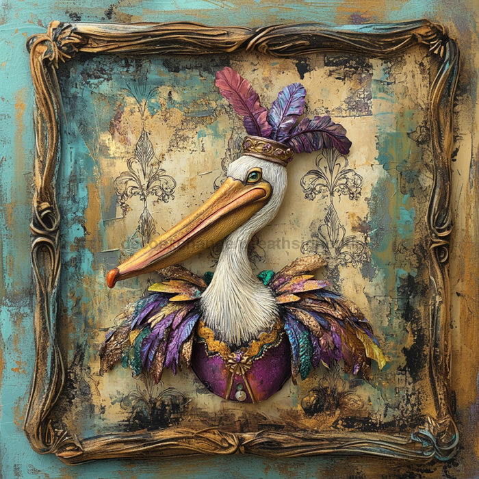 Mardi Gras Sign, Pelican Sign, DCO-13078, Sign For Wreath, 10x10" Metal Sign