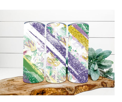 Mardi Gras Tumbler, Glitter and Masks Tumbler 20 oz Skinny Tumbler DECOETUMBLER-220 - DecoExchange®