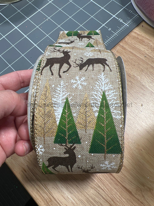 Nat Lin/Gld-Moss Trees N Deer 2.5’’X10Y 73534-40-35 Ribbon