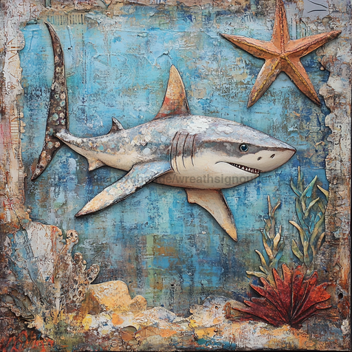 Nautical Sign, Shark Sign, DCO-02590, Sign For Wreath, 10x10" Metal Sign