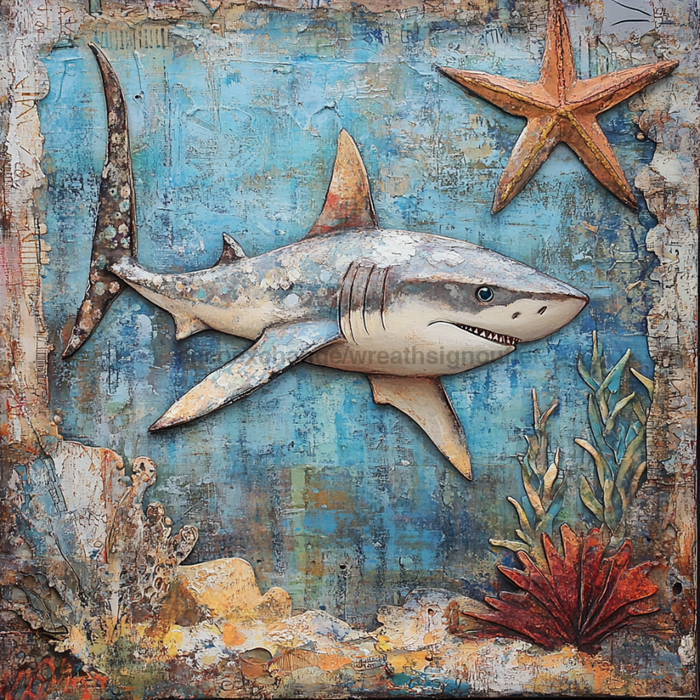 Nautical Sign, Shark Sign, DCO-02590, Sign For Wreath, 10x10" Metal Sign
