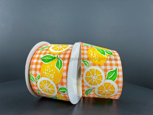 Orange And White Gingham Linen With Lemons Ribbon 2.5 Inches X 10 Yards 46408-40-19