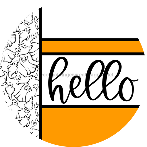 Orange Ghost Door Hanger, Hello Door Hanger, DCO-01969-DH, 18" Round Wood