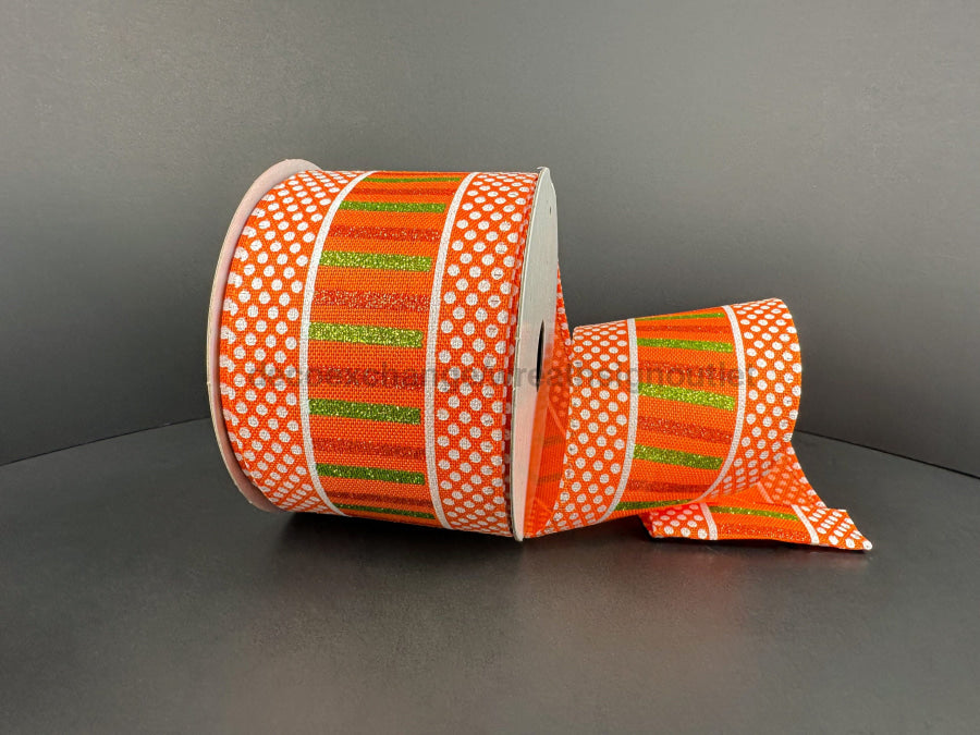 Orange Linen/Moss-Orange Glitter Stripes/White Dot Edge 2.5’’X10Y 65530-40-19 Ribbon
