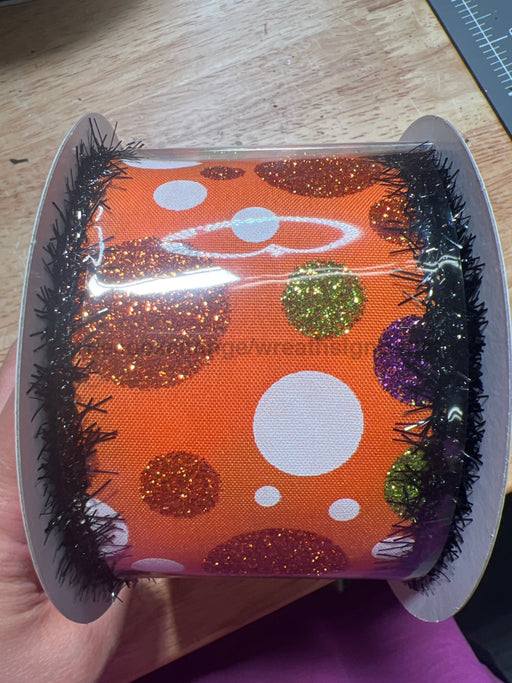 Org Stn/Hlwn Glt Dots/Blk Tinsl Edg 2.5’’X10Y 51509-40-19 Ribbon