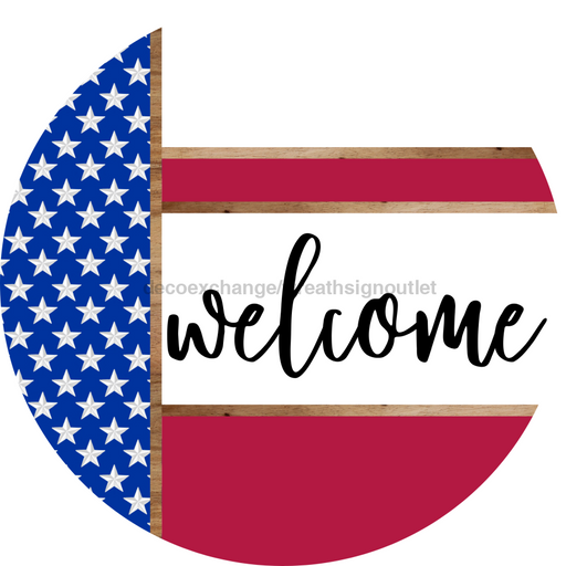 Patriotic Door Hanger, Welcome Door Hanger, DCO-01989-DH, 18" Round Wood