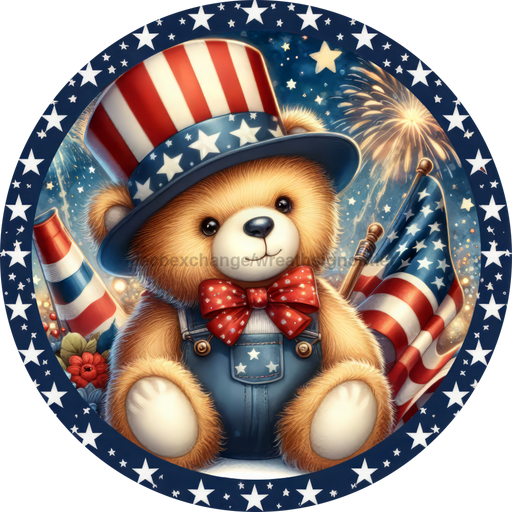 Patriotic Sign Teddy Bear Decoe-5171 10’ Metal Round