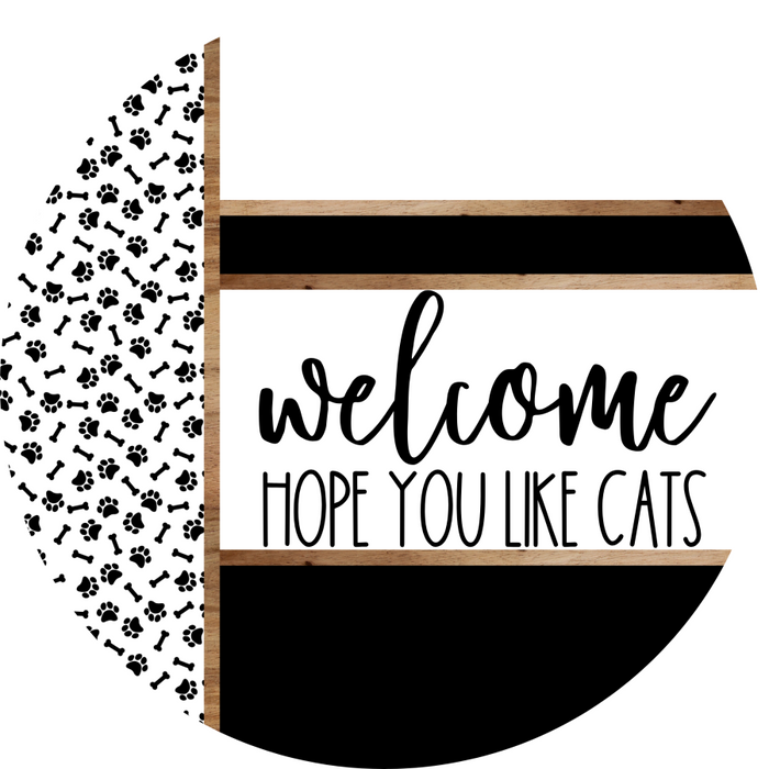Paw Print Door Hanger, Welcome Like Cats Door Hanger, DCO-01883-DH, 18" Round Wood