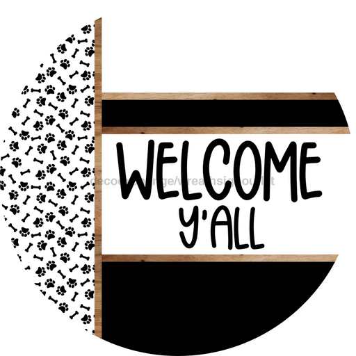 Paw Print Door Hanger, Welcome Yall Door Hanger, DCO-01870-DH, 18" Round Wood