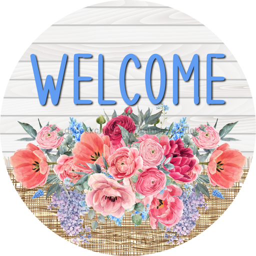 Pink Floral Sign Welcome Dco-00789 For Wreath 10 Round Metal