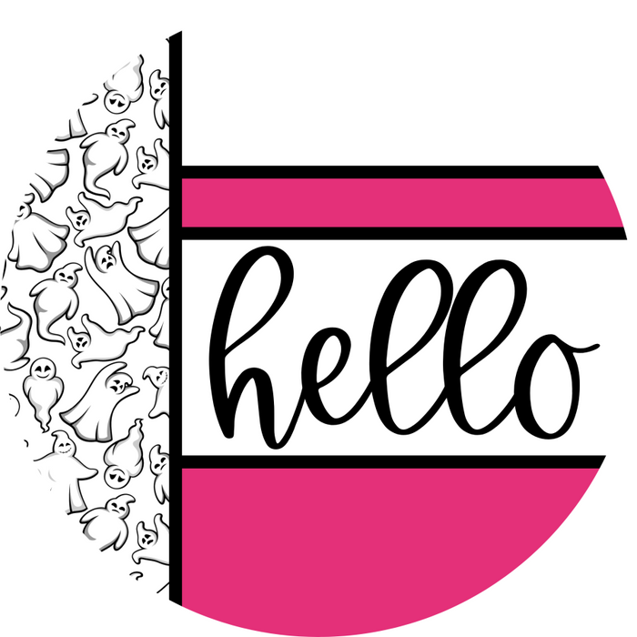 Pink Ghost Door Hanger, Hello Door Hanger, DCO-01953-DH, 18" Round Wood