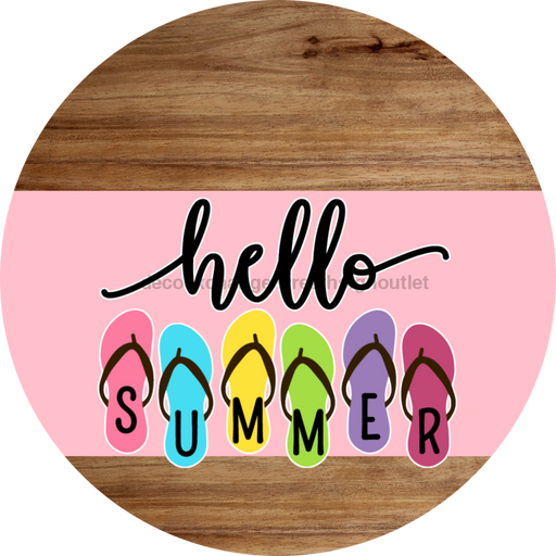 Pink Hello Summer Flip Flop Door Hanger Dco-01644-Dh-Lp 18’ Round Wood