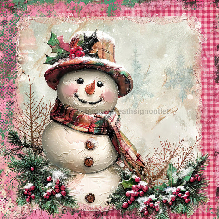 Pink Snowman Sign, DCO-102211, Sign For Wreath, 10x10in Metal Sign