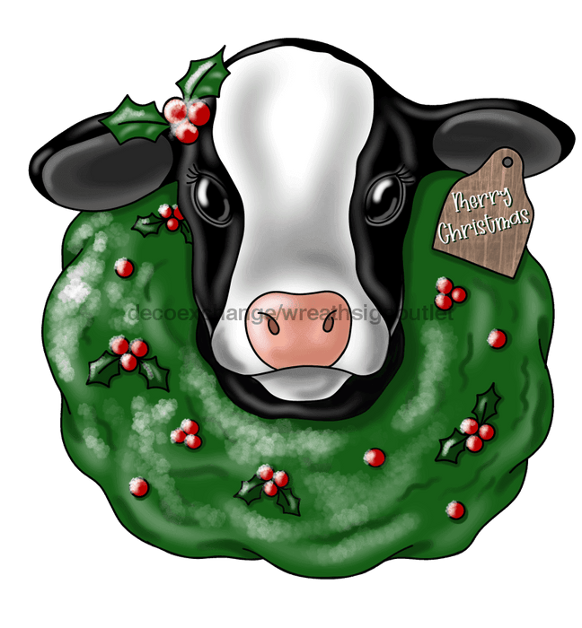 Pre-Order: Christmas Sign Cow Wreath Wood Sign Pcd-W-063 22 Door Hanger