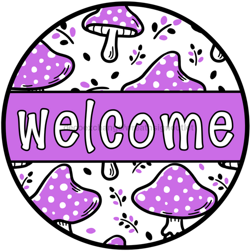 Purple Mushroom Door Hanger, Welcome Door Hanger, DCO-01310-DH, 18" Round Wood Door Hanger - DecoExchange®