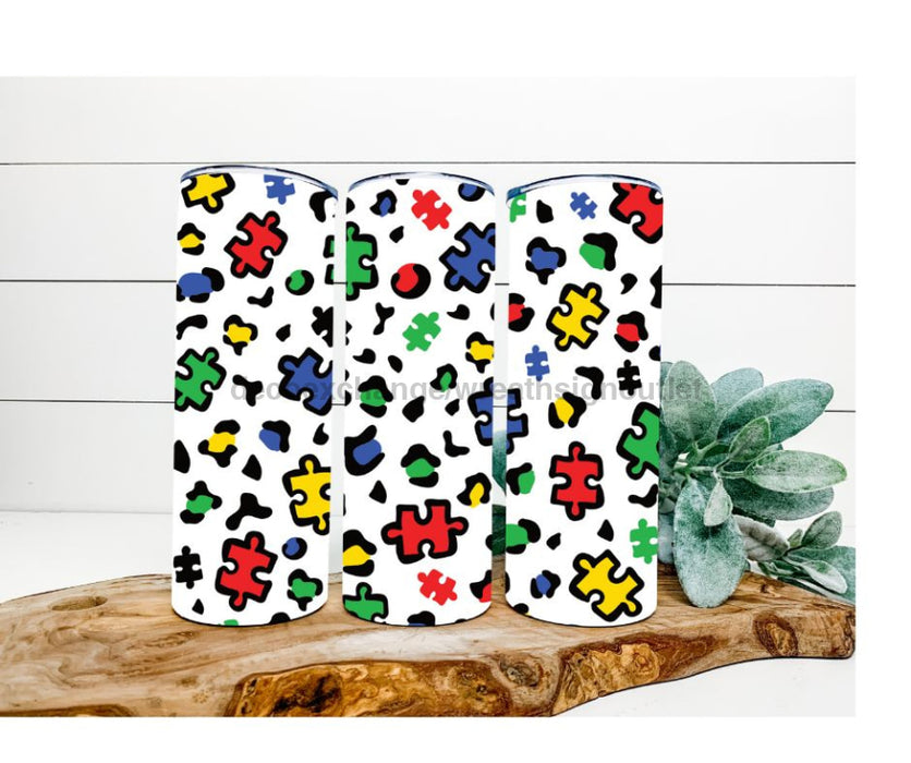 Puzzle Pieces Tumbler, Autism Awareness, Leopard 20 oz Skinny Tumbler DECOETUMBLER-279 - DecoExchange®