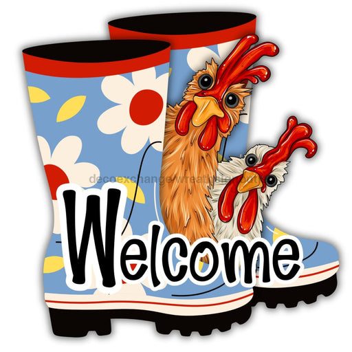 Rain Boots Door Hanger Welcome Chickens Wood Sign Decoe-W-903677 22