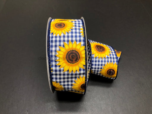 Royal Blue And White Gingham With Sunflowers Ribbon 2.5 Inches X 50 Yards 841-40-314