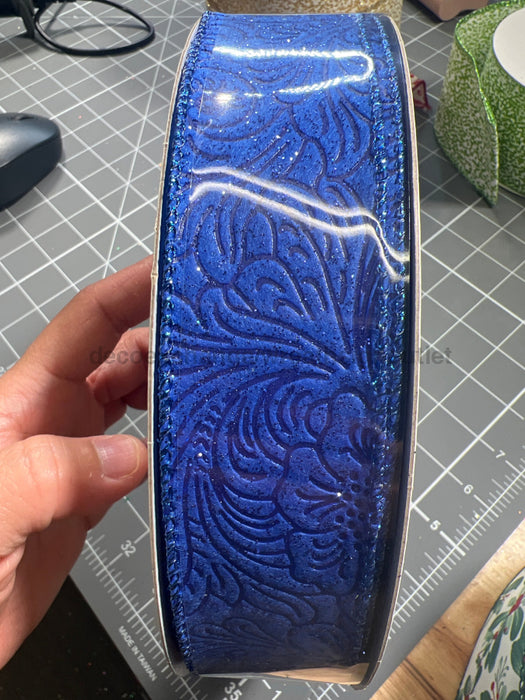 Ryl Bl Glittered Flwr Embossed 1.5’’X50Y 72433-09-25C Ribbon