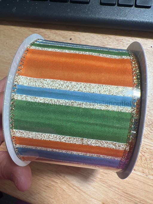 Rust-Blue-Moss-Gld Glt Painted Strps 2.5’’X10Y 61427-40-05 Ribbon