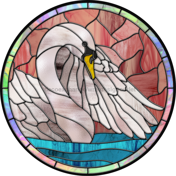Stained Glass Sign, Swan Sign, DECOE-4039, 10" Metal Round