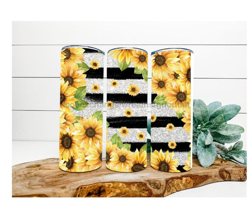 Sunflowers and Stripes Tumbler, Yellow, Black and White Tumbler 20 oz Skinny Tumbler DECOETUMBLER-244 - DecoExchange®