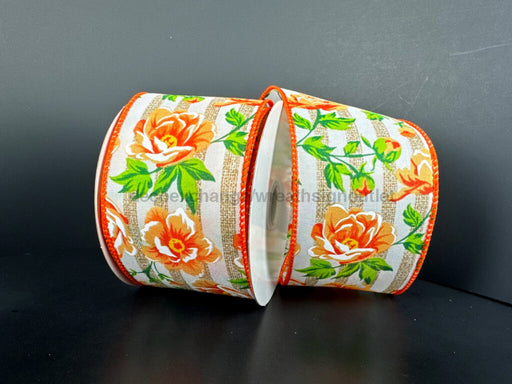 Tan-Wht Cabana Strp/Peach Peonies 2.5’’X10Y 41544-40-23 Ribbon