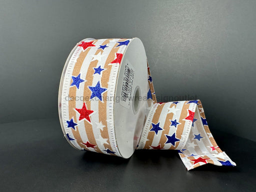 Tan-White Diagonal Linen/Red-White-Blue Stars 1.5’’X10Y 46506-09-15 Ribbon