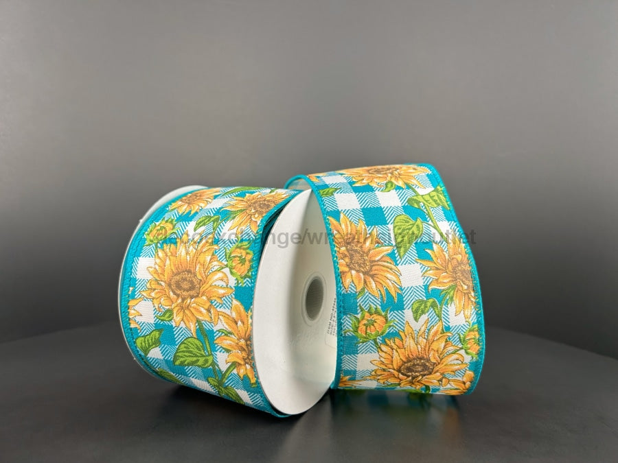 Teal And White Checkered Satin With Wild Sunflowers Ribbon 2.5 Inches X 10 Yards 42445-40-33